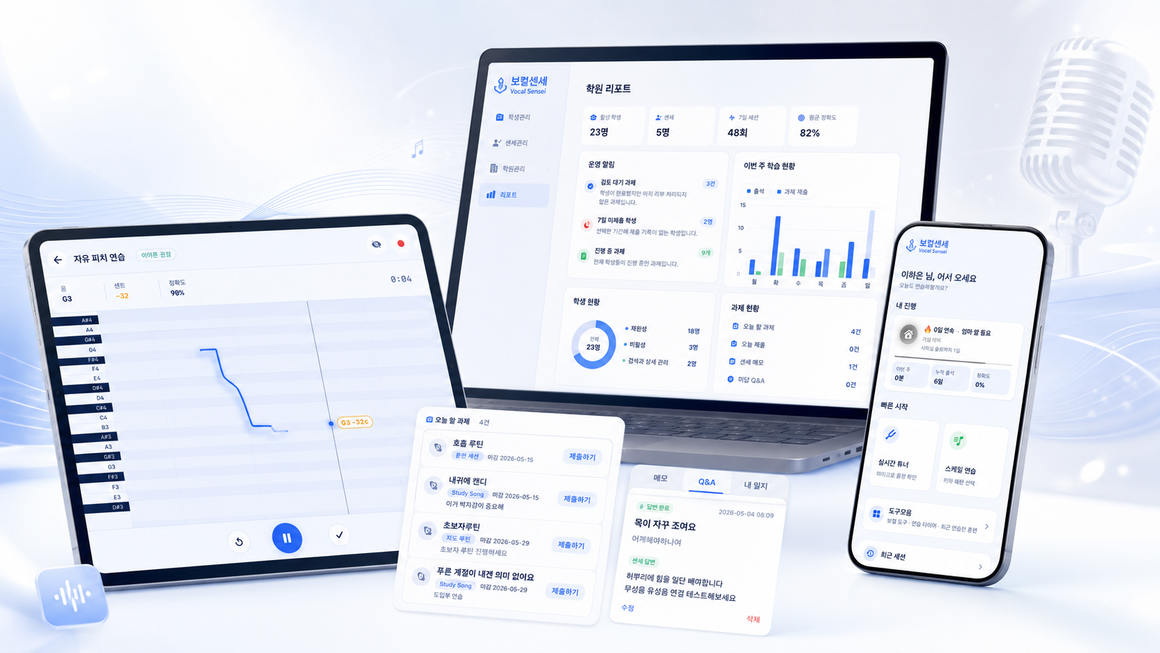 보컬센세 — iPhone 앱, iPad 피치 그래프, 학원 관리 노트북 화면